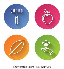 Set line Garden rake, Apple, Leaf and Plant in hand of environmental protection. Color circle button. Vector
