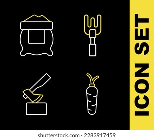 Set line Garden rake, Carrot, Wooden axe and Bag of flour icon. Vector