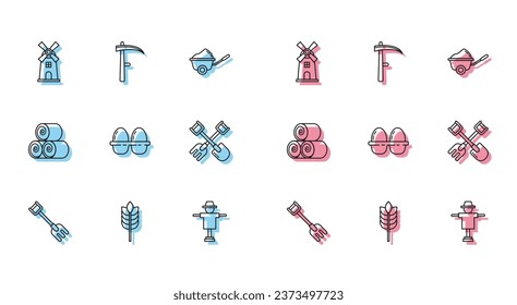 Set line Garden rake, Cereals with rice, wheat, corn, oats, rye, Windmill, Scarecrow, Chicken egg box, Shovel and, Roll of hay and Scythe icon. Vector