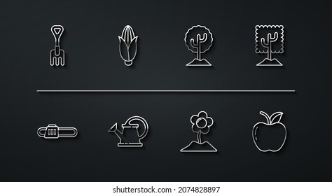 Set line Garden rake, Chainsaw, Tree, Flower, Watering can, Corn, Apple and  icon. Vector