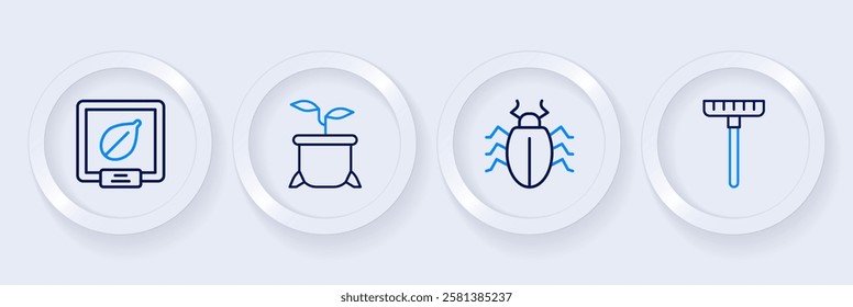 Set line Garden rake, Colorado beetle, Plant in pot and Seeds of specific plant icon. Vector