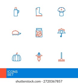 Set line rastrillo de jardín, maíz, calabaza, paraguas y gotas de lluvia, erizo, tarro de pepinos en escabeche, champiñón e icono de bota de goma impermeable. Vector