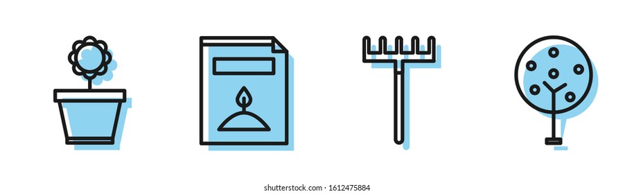 Set line Garden rake, Flower in pot, A pack full of seeds of a specific plant and Tree icon. Vector