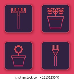 Set line Garden rake, Flower in pot, Plants in pot and Garden rake. Blue square button. Vector