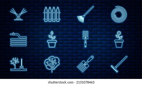 Set line Garden rake, Flower in pot, for leaves, Flowers, hose fire hose, Automatic irrigation sprinklers, fork and fence icon. Vector
