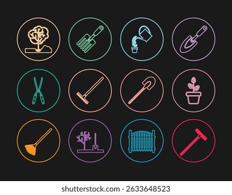 Set line Garden rake, Flowers in pot, Watering can, Gardening handmade scissor, Planting tree the ground, shovel and fork icon. Vector