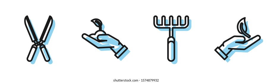 Set line Garden rake, Gardening handmade scissors for trimming, Sprout in hand of environmental protection and Sprout in hand of environmental protection icon. Vector