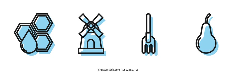 Set line Garden rake, Honeycomb, Windmill and Pear icon. Vector