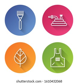Set line Garden rake, Garden hose or fire hose, Leaf and Kitchen apron. Color circle button. Vector
