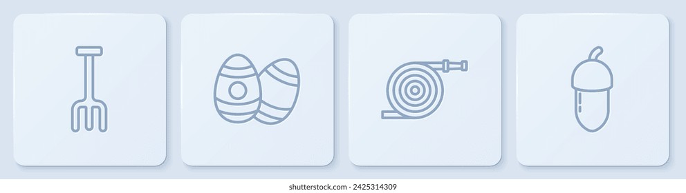 Set line Garden rake, hose, Easter egg and Acorn. White square button. Vector