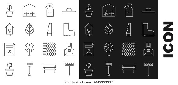 Rastrillo de jardín, Delantal de cocina, bota de goma impermeable, pulverizador, hoja, reloj de pared retro, planta en maceta e icono de sierra. Vector