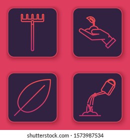 Set line Garden rake, Leaf, Sprout in hand of environmental protection and Watering can with water. Blue square button. Vector