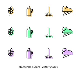 Set line Garden rake, Leaf, Thermos container and Cloud with rain and sun icon. Vector