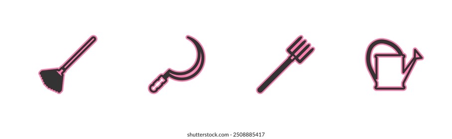 Set line Garden rake for leaves, pitchfork, Sickle and Watering can icon. Vector