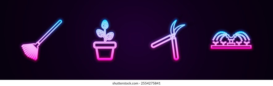 Set line Garden rake for leaves, Flowers in pot, Gardening handmade scissor and Automatic irrigation sprinklers. Glowing neon icon. Vector