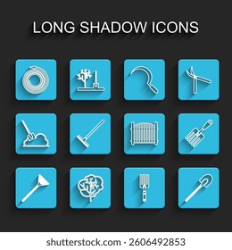 Set line Garden rake for leaves, Tree, hose fire hose, fork, shovel,  and fence icon. Vector