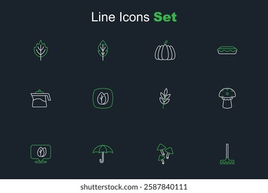 Set line Garden rake, Mushroom, Umbrella, Location with leaf, Leaf,  and Teapot icon. Vector