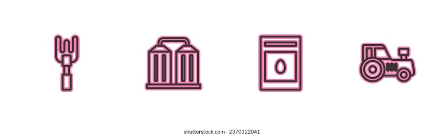 Set line Garden rake, Pack full of seeds of plant, Granary and Tractor icon. Vector
