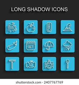 Set line Garden rake, Pumpkin, Windy weather, Spider, Shovel, October calendar autumn, Storm and Umbrella icon. Vector