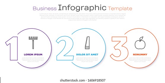 Set line Garden rake, Garden saw and Apple. Business infographic template. Vector