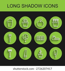Set line Garden rake, saw, Bucket, Plant in pot, Tree, Chainsaw and fence wooden icon. Vector