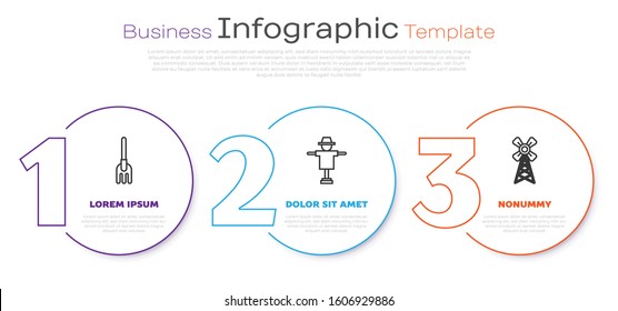 Set line Garden rake, Scarecrow and Windmill. Business infographic template. Vector