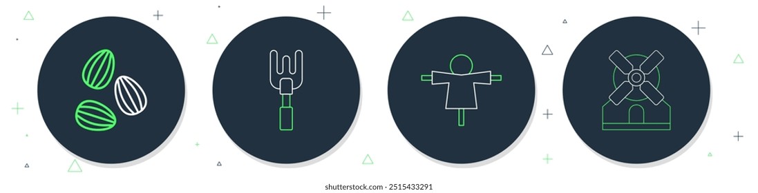 Set line Garden rake, Scarecrow, Seeds and Windmill icon. Vector