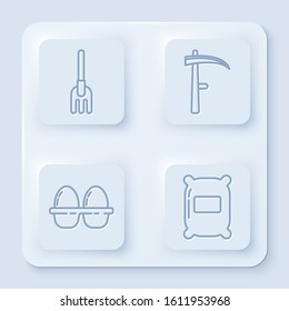 Set line Garden rake, Scythe, Chicken egg in box and Bag of flour. White square button. Vector