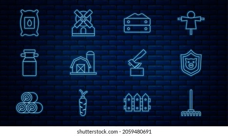 Set line Garden rake, Shield with pig, Bag of flour, Farm house, Can container for milk, Pack full seeds plant, Wooden axe and Windmill icon. Vector