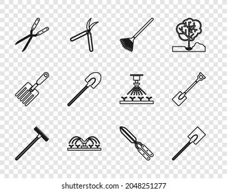 Set line Garden rake, Schaufel, für Blätter, automatische Bewässerungssprenger, Gartenschere und Symbol. Vektorgrafik