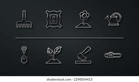 Set line Garden rake, Shovel, Watering can, Wooden axe, Plant, Pack full of seeds of plant, Chainsaw and Flower icon. Vector