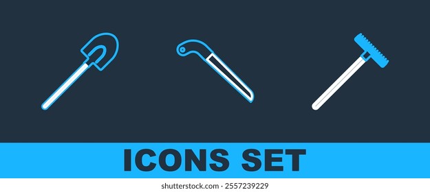 Set line Garden rake, shovel and Fertilizer bag icon. Vector