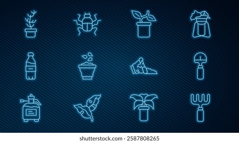 Set line Garden rake, Shovel, Plant in pot, Seeds bowl, Bottle of water, Exotic tropical plant, Broken and Beetle bug icon. Vector