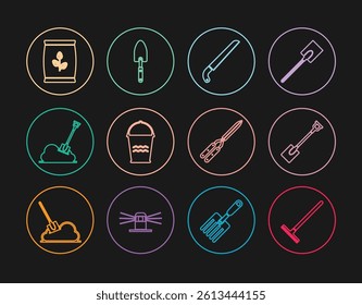 Set line Garden rake, shovel, saw, Bucket, Shovel in the ground, Fertilizer bag, Gardening handmade scissor and trowel spade icon. Vector
