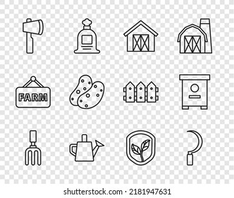 Set line Garden rake, Sickle, Farm house, Watering can, Wooden axe, Potato, Shield with leaf and Hive for bees icon. Vector