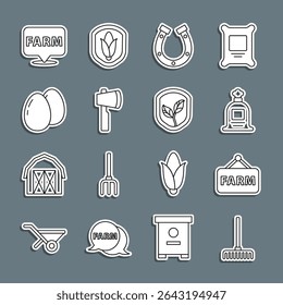Set line Garden rake, Signboard with text Farm, Full sack, Horseshoe, Wooden axe, Chicken egg, Location farm and Shield leaf icon. Vector