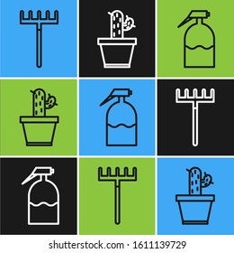 Set line Garden rake, Garden sprayer and Cactus and succulent in pot icon. Vector