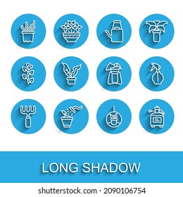 Set line Garden rake, Spraying plant, Exotic tropical pot, Plant hanging, sprayer for fertilizer, Water bottle and on stand icon. Vector