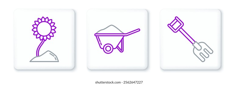 Set line Garden rake, Sunflower and Wheelbarrow with dirt icon. Vector