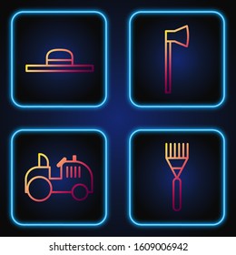 Set line Garden rake, Tractor, Worker hat and Wooden axe. Gradient color icons. Vector