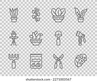 Fijar línea de rastrillo de jardín, hojas tropicales, planta en olla, Envase lleno de semillas de planta, peyote de Cactus, tijeras artesanales de jardinería e icono de botella de agua para pulverización. Vector
