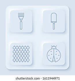 Set line Garden rake, Garden trowel spade or shovel, Garden fence wooden and Ladybug. White square button. Vector