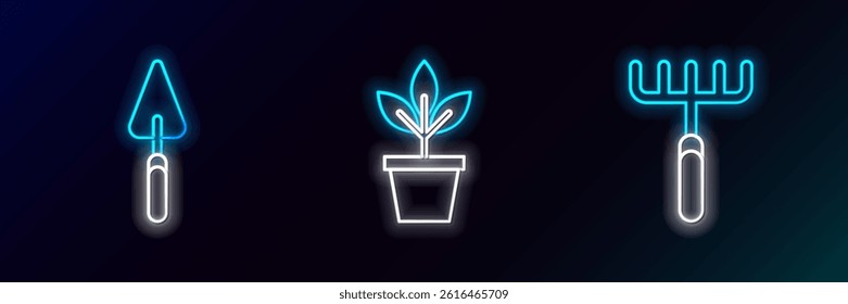 Set line Garden rake, trowel spade or shovel and Flowers in pot icon. Glowing neon. Vector