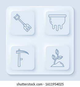 Set line Garden rake, Udder, Scythe and Sprout. White square button. Vector