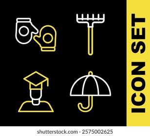 Set line Garden rake, Umbrella, Graduate and graduation cap and Christmas mitten icon. Vector