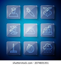 Set line Garden rake, Watermelon, Cloud with rain, Beet, Sun and cloud weather, Leaf or leaves, Graduate graduation cap and Farm house icon. Vector