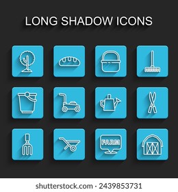 Set line Garden rake, Wheelbarrow, Tree, Location farm, Farm house, Lawn mower, Gardening handmade scissors and Watering can icon. Vector