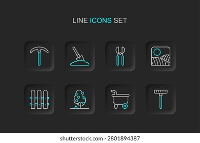 Set line Garden rake, Wheelbarrow, Fruit tree, fence wooden, Agriculture wheat field farm, Gardening scissors, Shovel the ground and Pickaxe icon. Vector