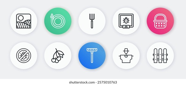 Set line Garden rake, Wicker basket, Stop colorado beetle, Scarecrow, Colorado, pitchfork, fence wooden and Fresh berries icon. Vector