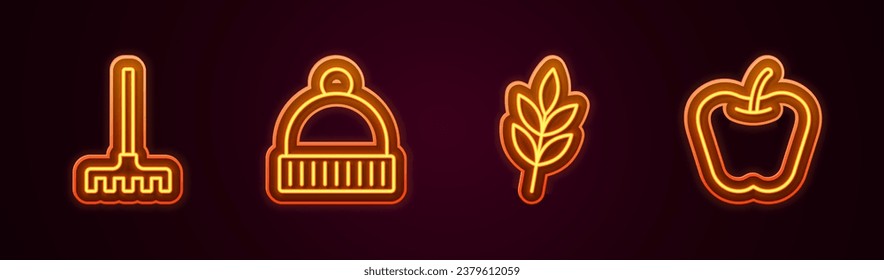 Fijar la línea de rastrillo de jardín, sombrero de invierno, hoja y manzana. Icono de neón brillante. Vector